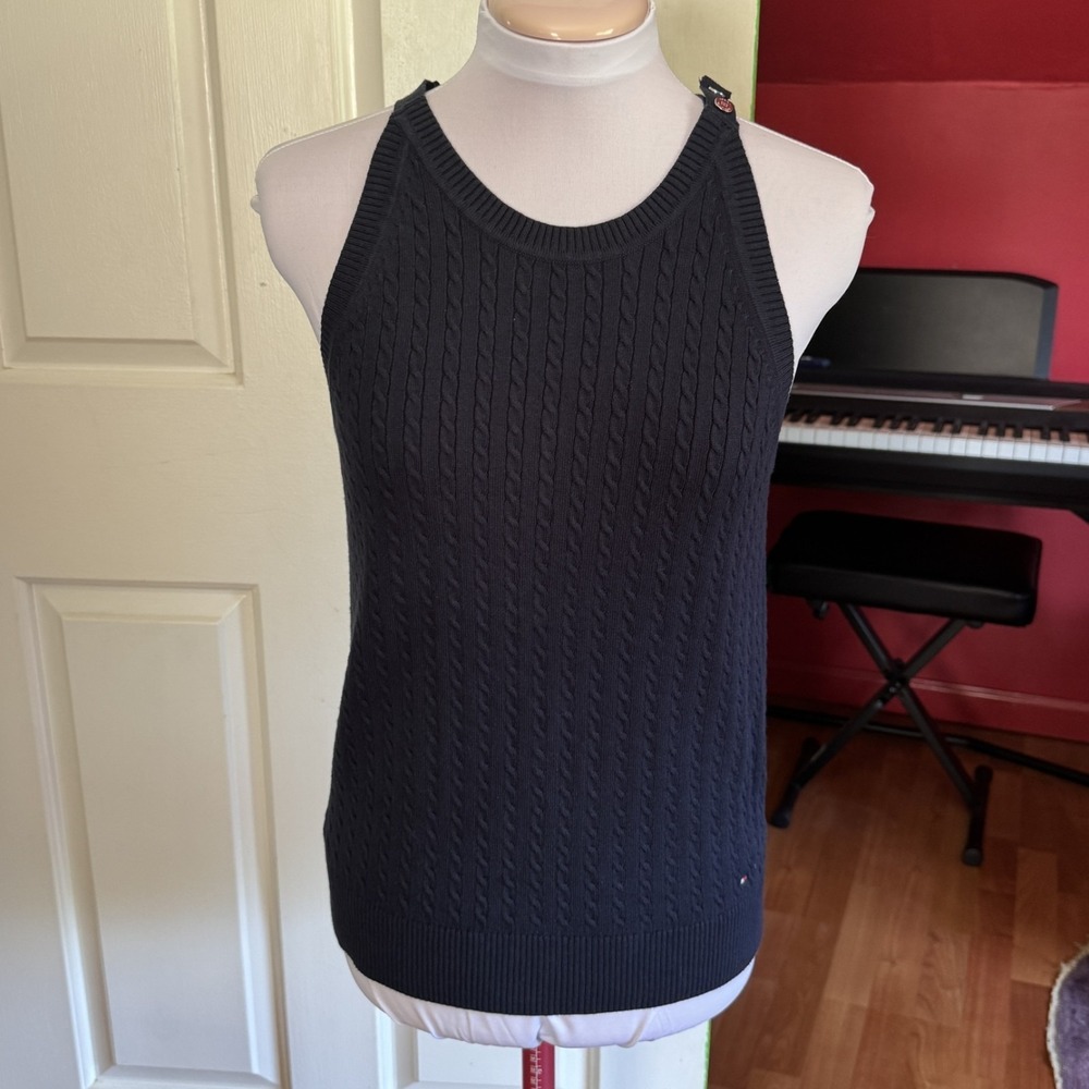 Vtg Tommy Hilfiger Navy Blue Ribbed Tank Top, Sz Large (Smaller), Cable Knit NEW